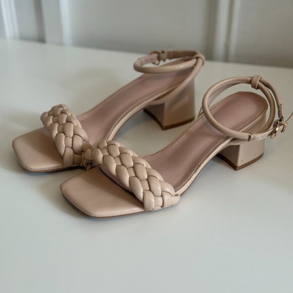 Nude Braided Open Toe Ankle Strap Low Block Chunky Heels Sandals Size 5.5 - Picture 5 of 8